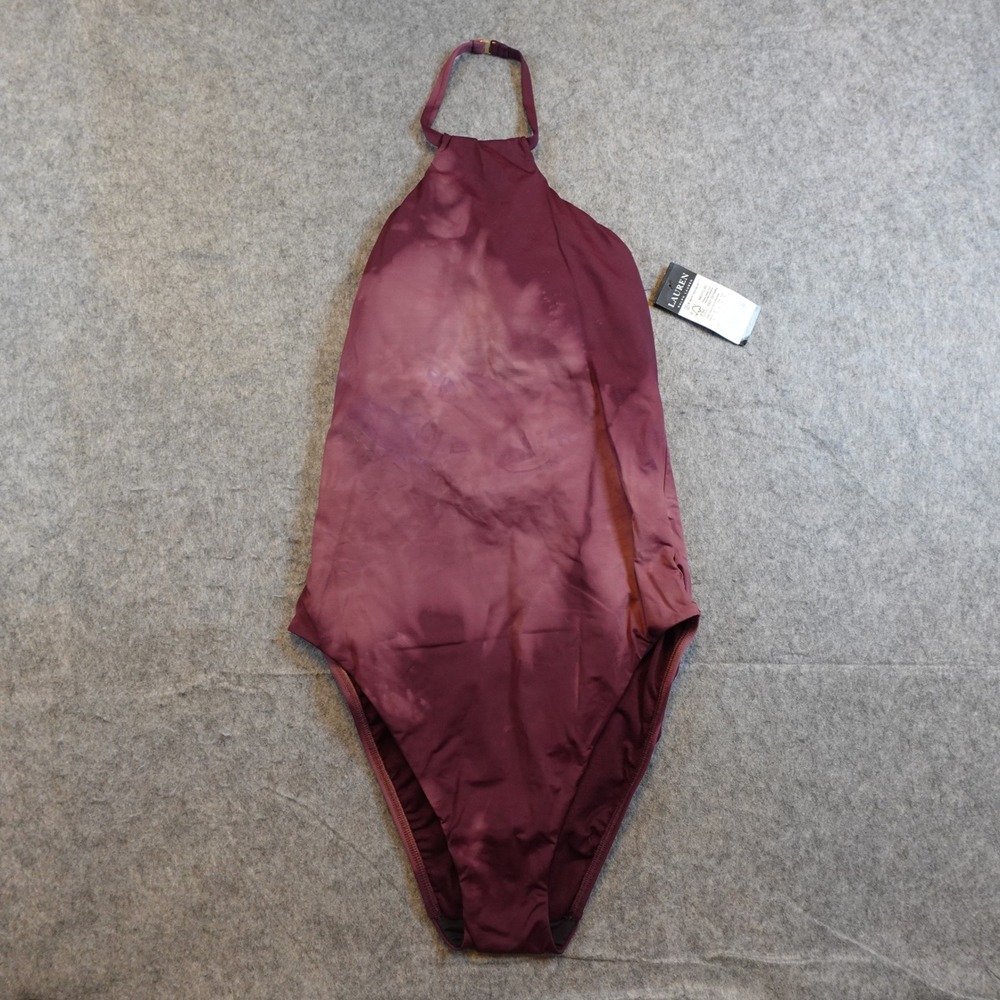 Ralph Lauren Swimsuit Women 8 NWT Maroon Ombre High Neck One‎ Piece Marbled